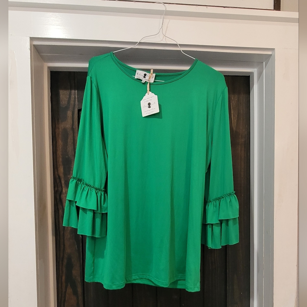 Danity Jewells green ruffle sleeve layering shirt